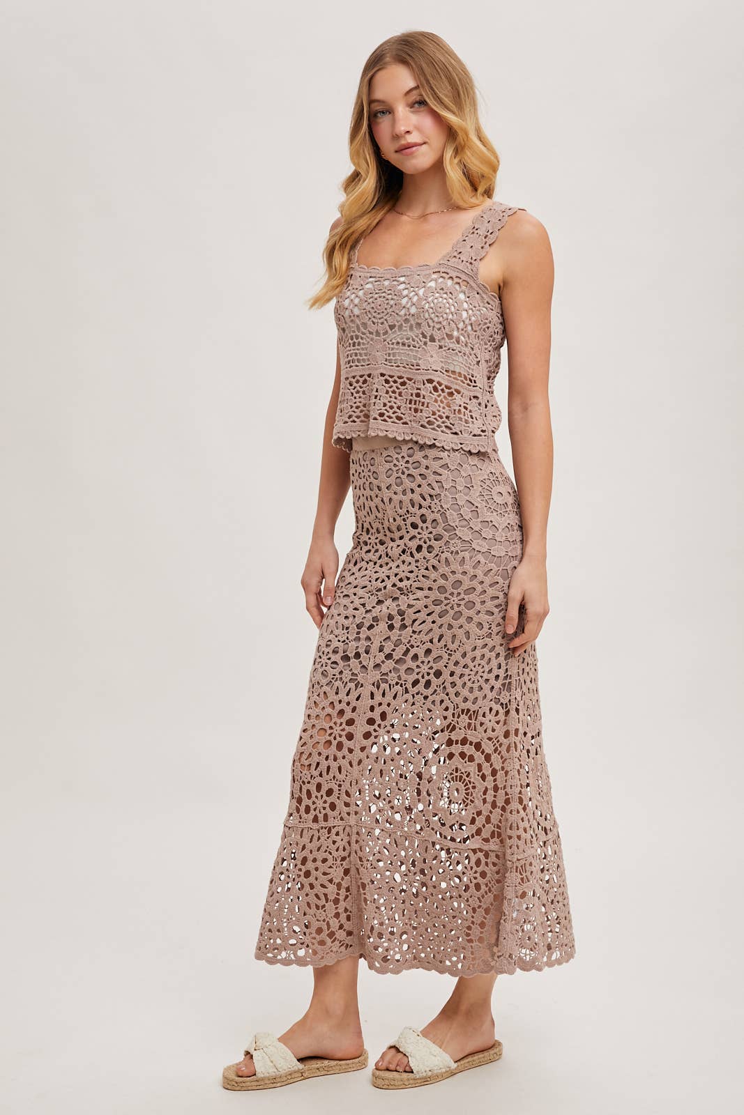 CROCHET MIDI SKIRT WITH LINING: NATURAL / B02609