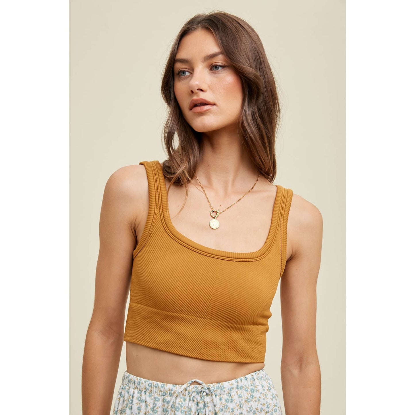CHEVRON RIBBED SEAMLESS PADDED BRALETTE / WL23-8162: CHARCOAL