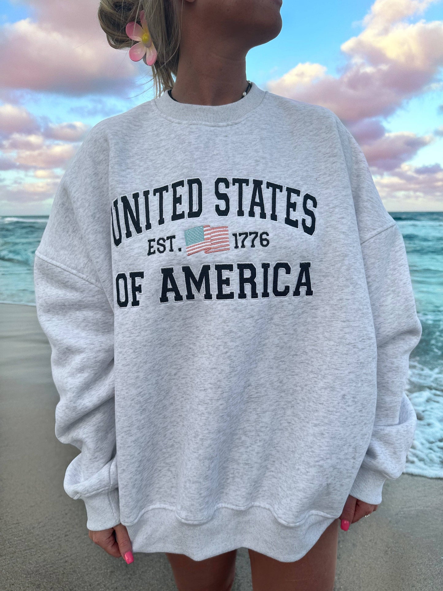 United States Of America Embroider Flag Sweatshirt: Pearl Grey