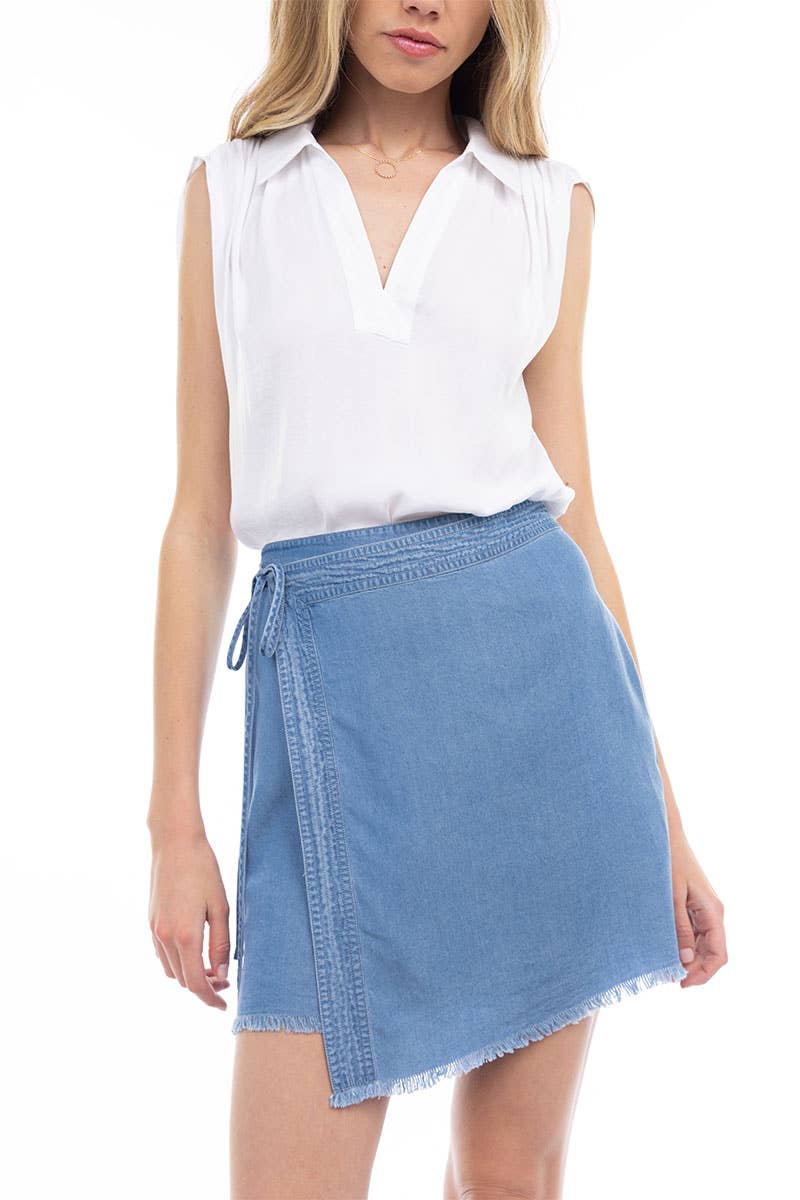 TENCEL™ Asymmetrical Wrap Skirt With Fray Hem - ES119171: Vintage Blue