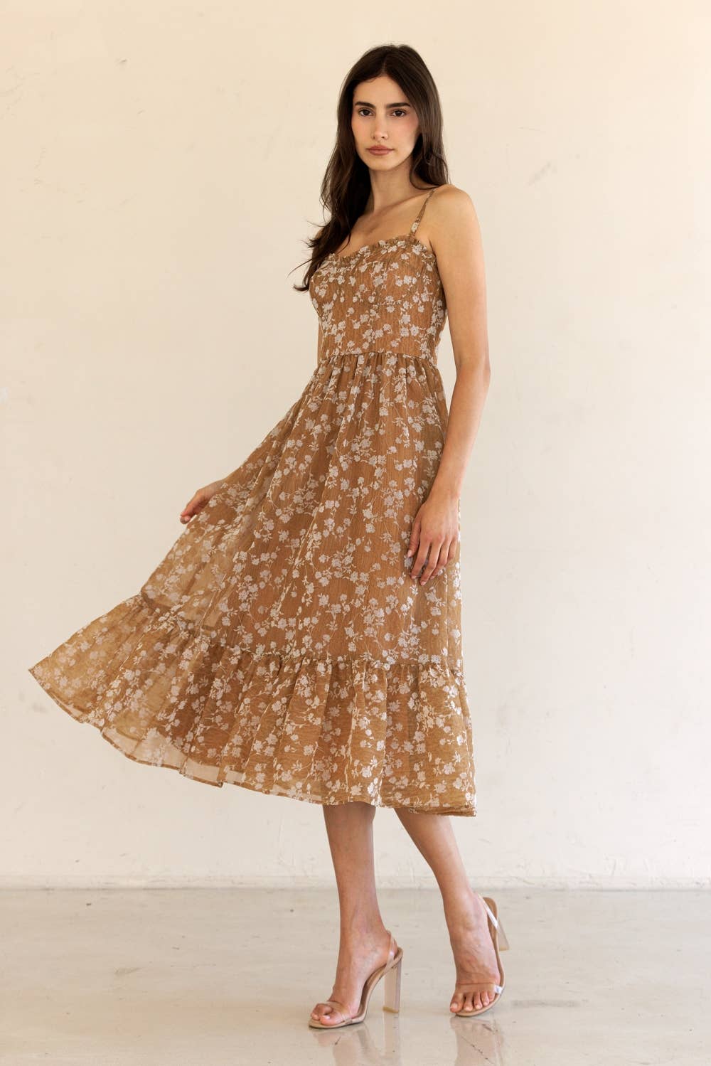 HD1724-39-FLORAL PRINT RUFFLED HEM MIDI DRESS: DK CORAL/FLORAL