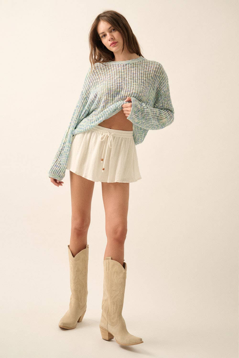 Textured Cotton Drawstring Bloomer Skort: STONE / UPB0419