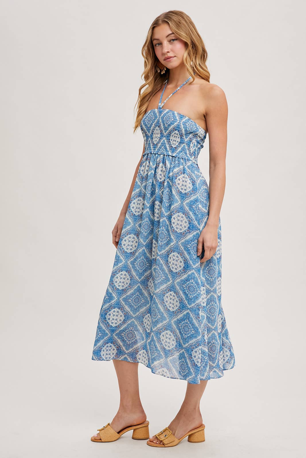 GEO PRINT SMOCKED HALTER DRESS: Green D02355