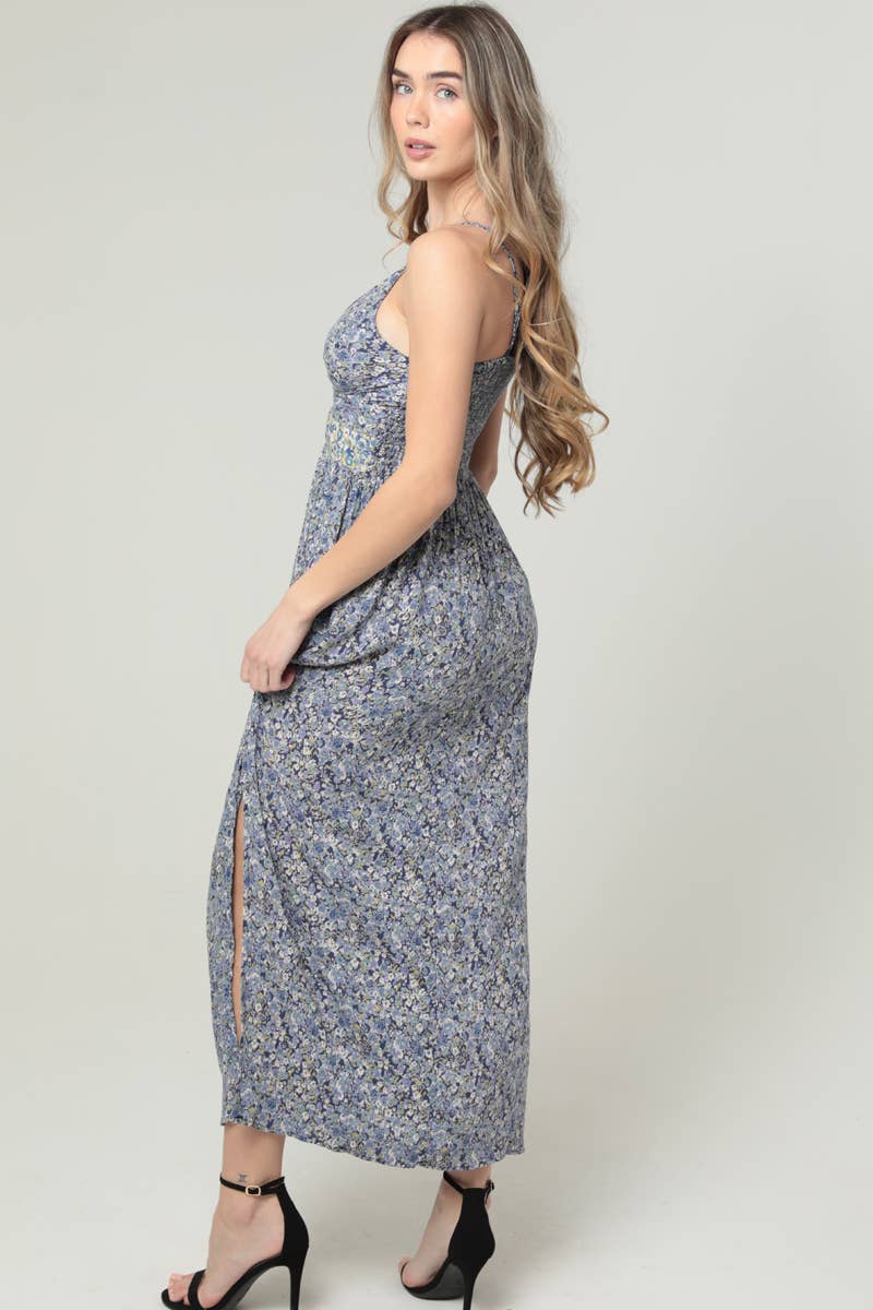 F4B48-W982 V NECK TWIST FRONT CUT OUT MAXI DRESS