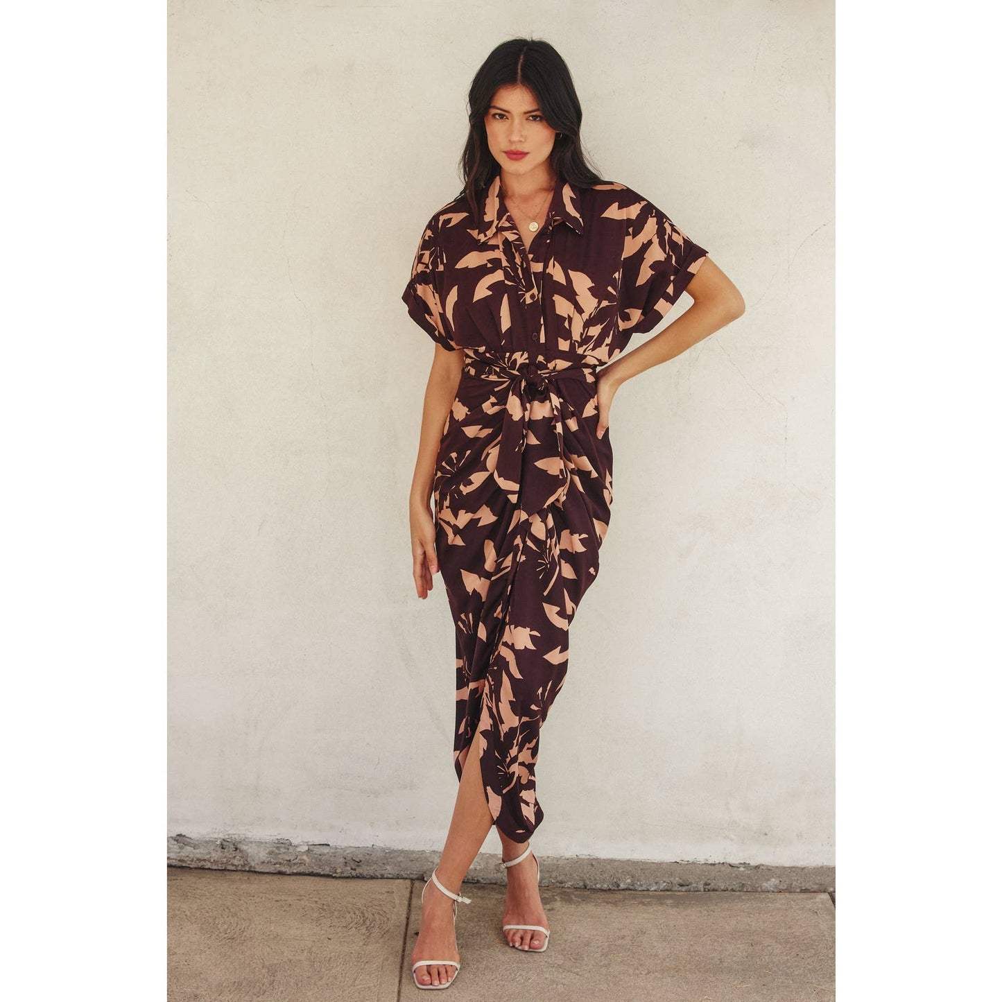 Rhythm Of Silence Ruched Shirt Dress: DRIED PALM / FD12266-P1789