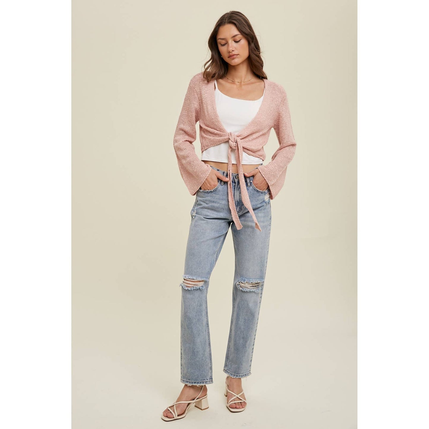 OPEN KNIT SWEATER SELF-TIE CARDIGAN / WL24-8627: TAUPE