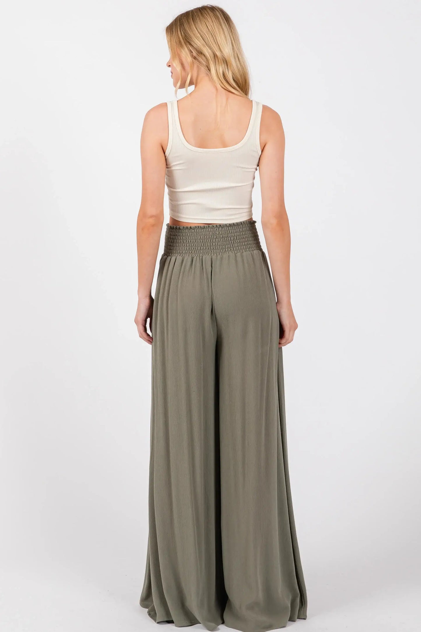 Smocked Waist Wide Leg Pants - NP16530Y: Military Green
