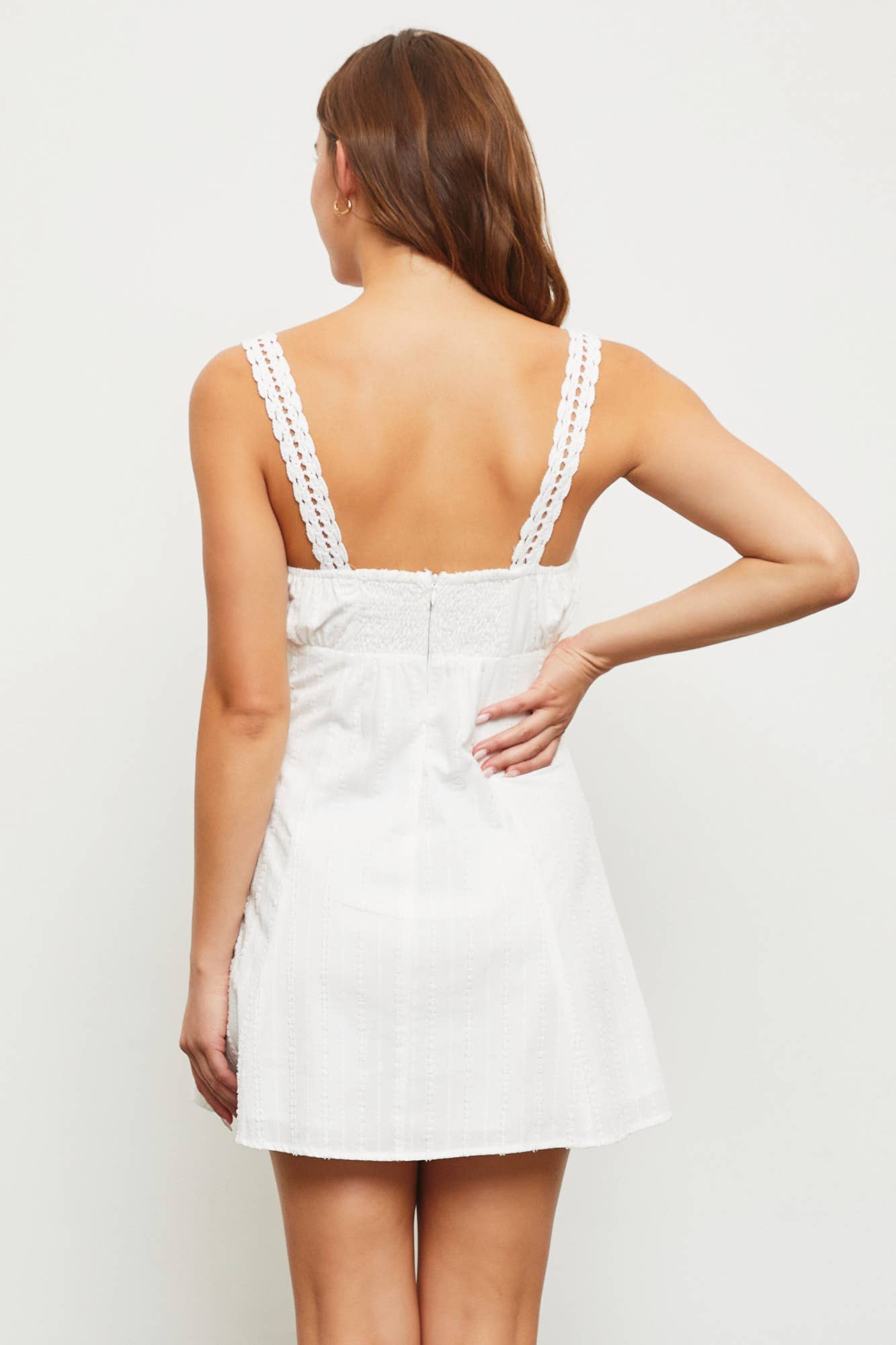 S22923 CROCHET TRIM STRAP MINI DRESS / White