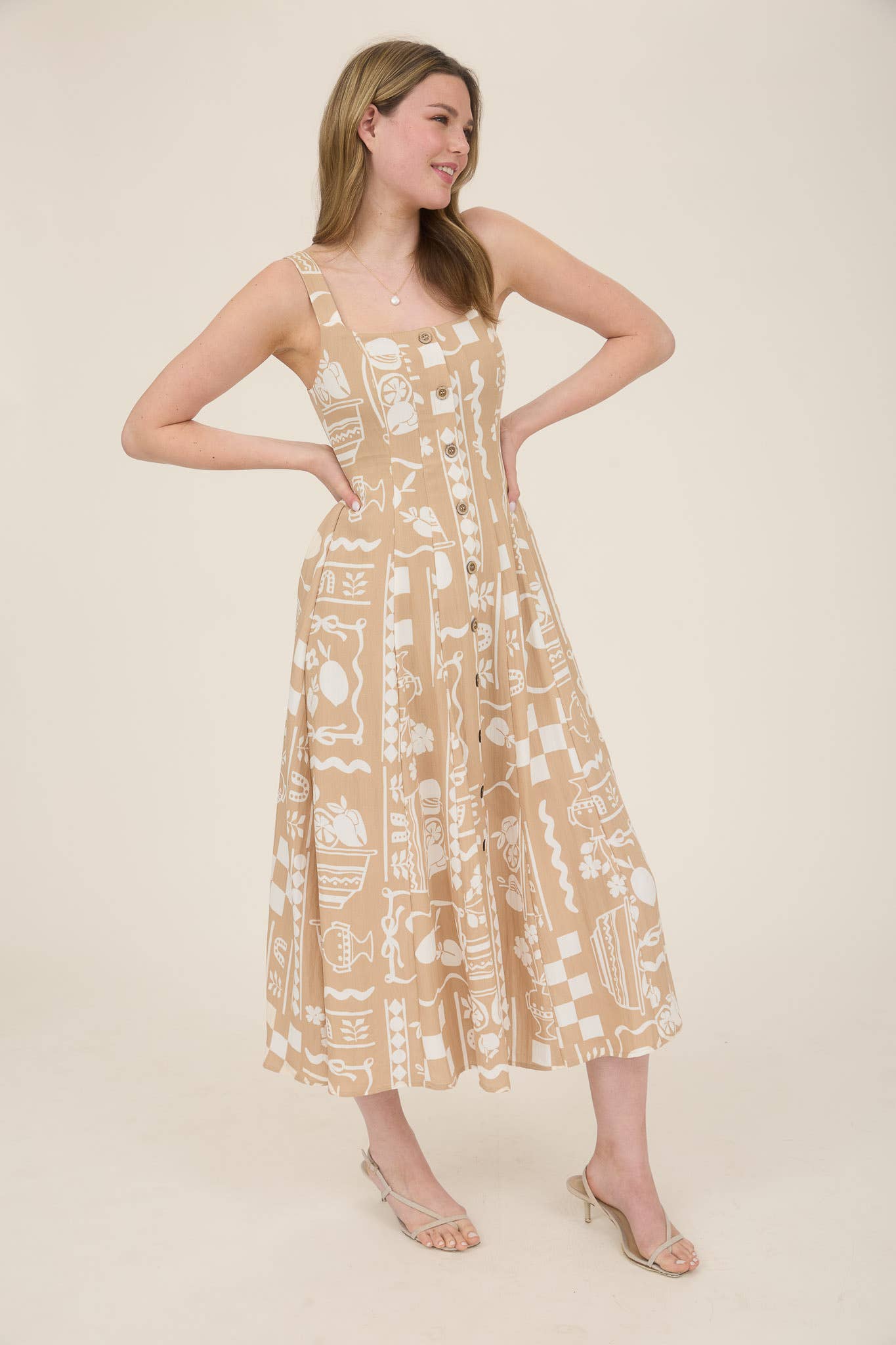 CR2560 BUTTON DOWN SLEEVELESS MIDI DRESS: KHAKI
