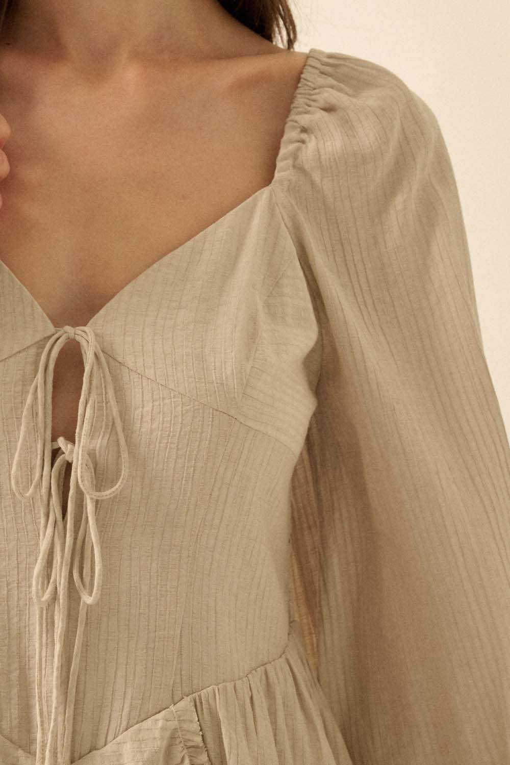Tonal-Stripe Ruffled Tie-Front Peasant Romper: OATMEAL / NPC2301