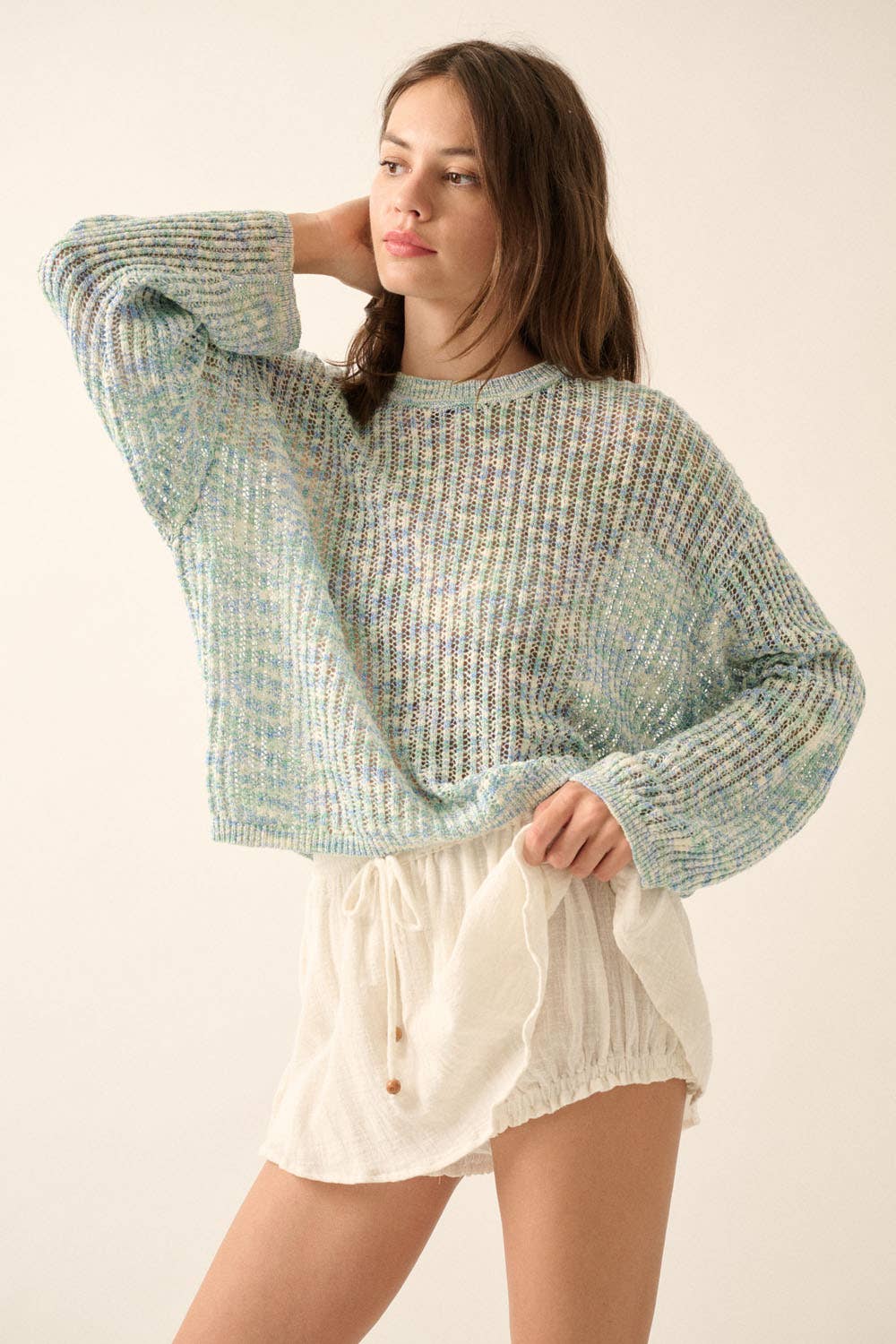 Textured Cotton Drawstring Bloomer Skort: STONE / UPB0419