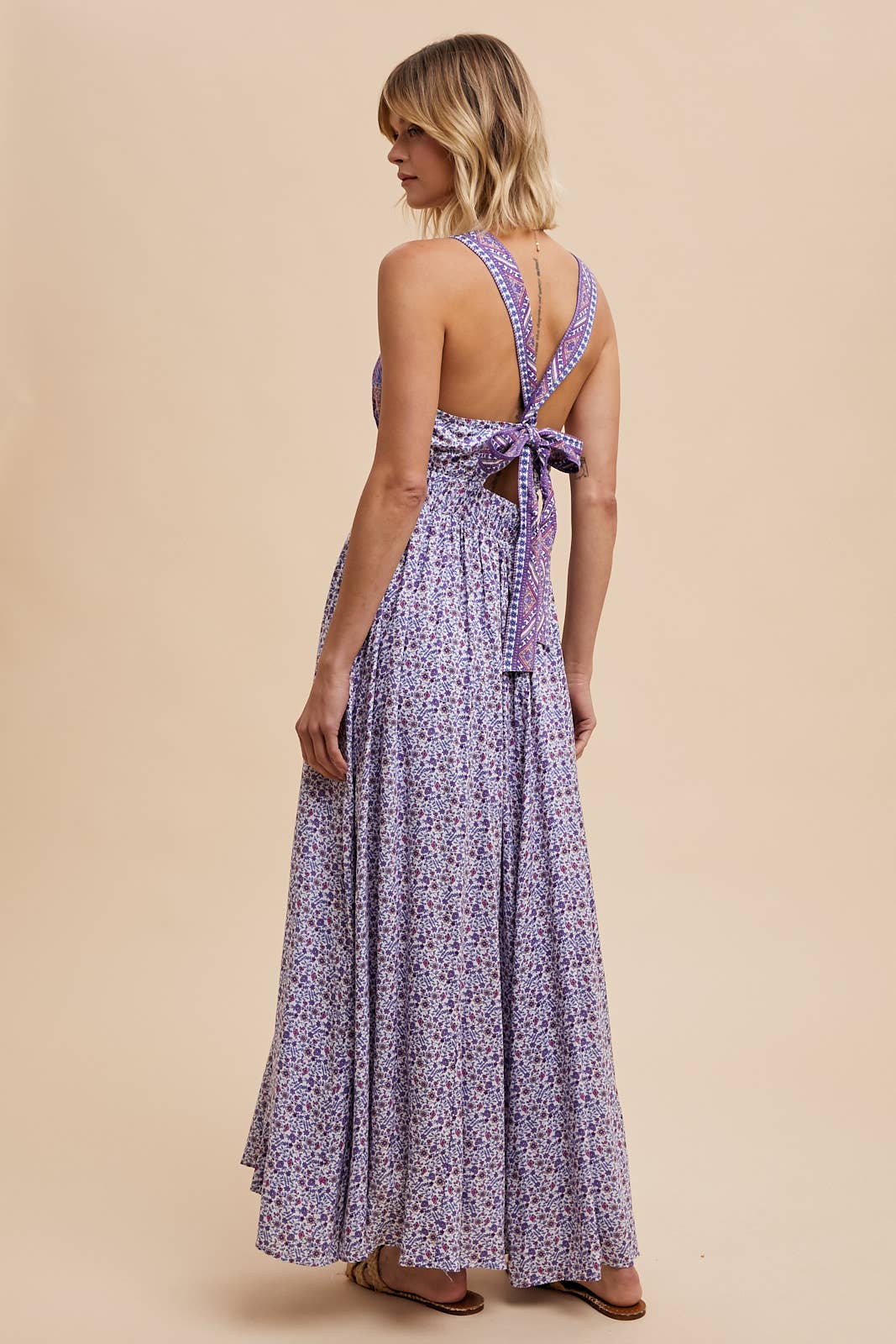 BORDER PRINT SLEEVELESS MAXI DRESS: DUSTY INDIGO / ILD5702