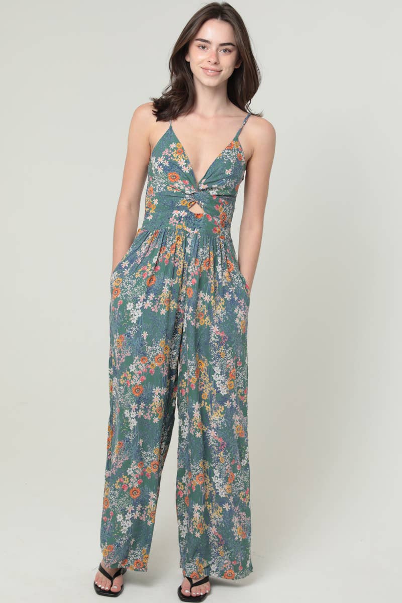 B5A42-A625 FLORAL PRINT V NECK TWIST FRONT JUMPSUIT WITH POC