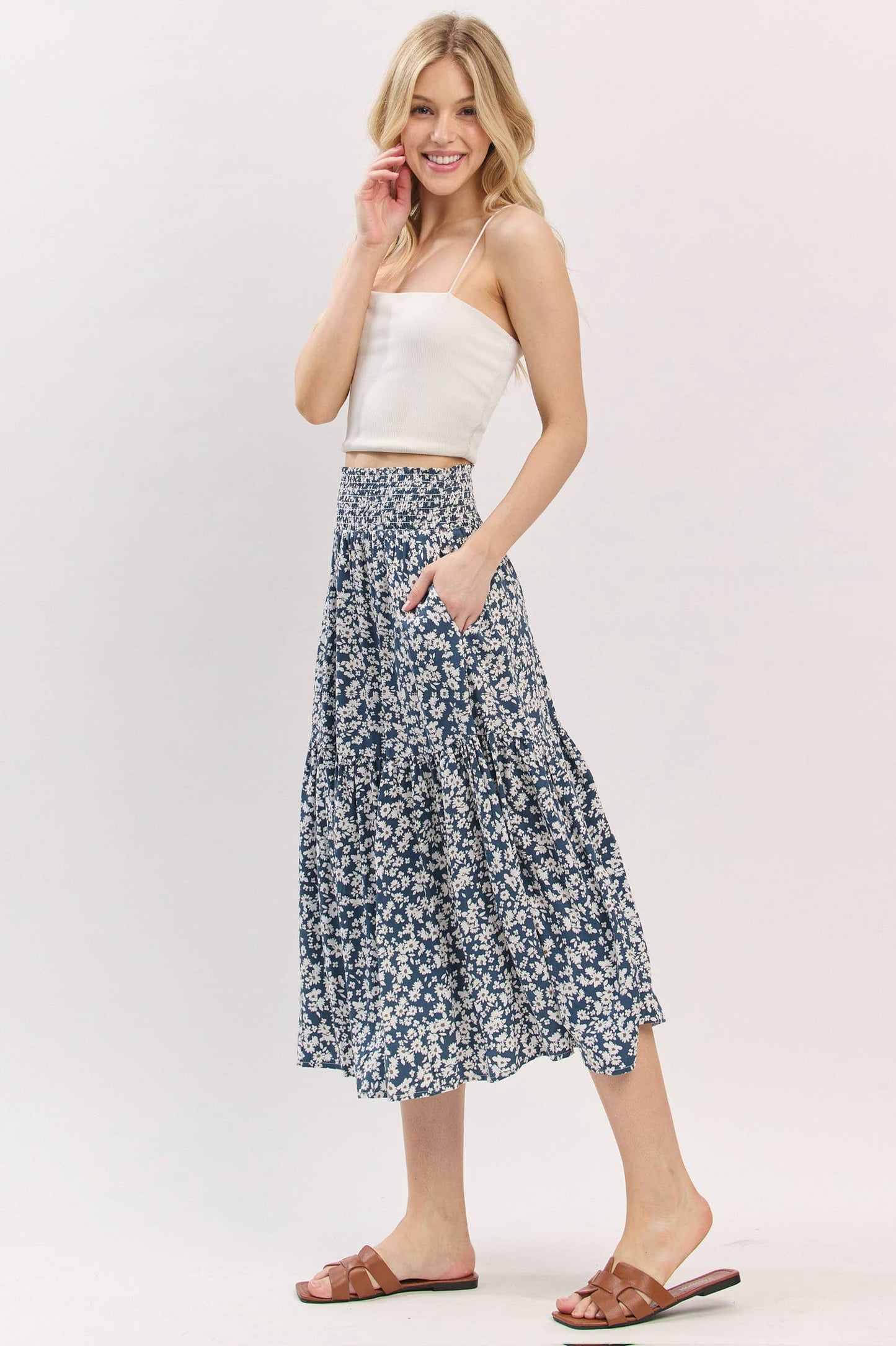 Print Tiered Midi Skirt - VS3533A: Taupe