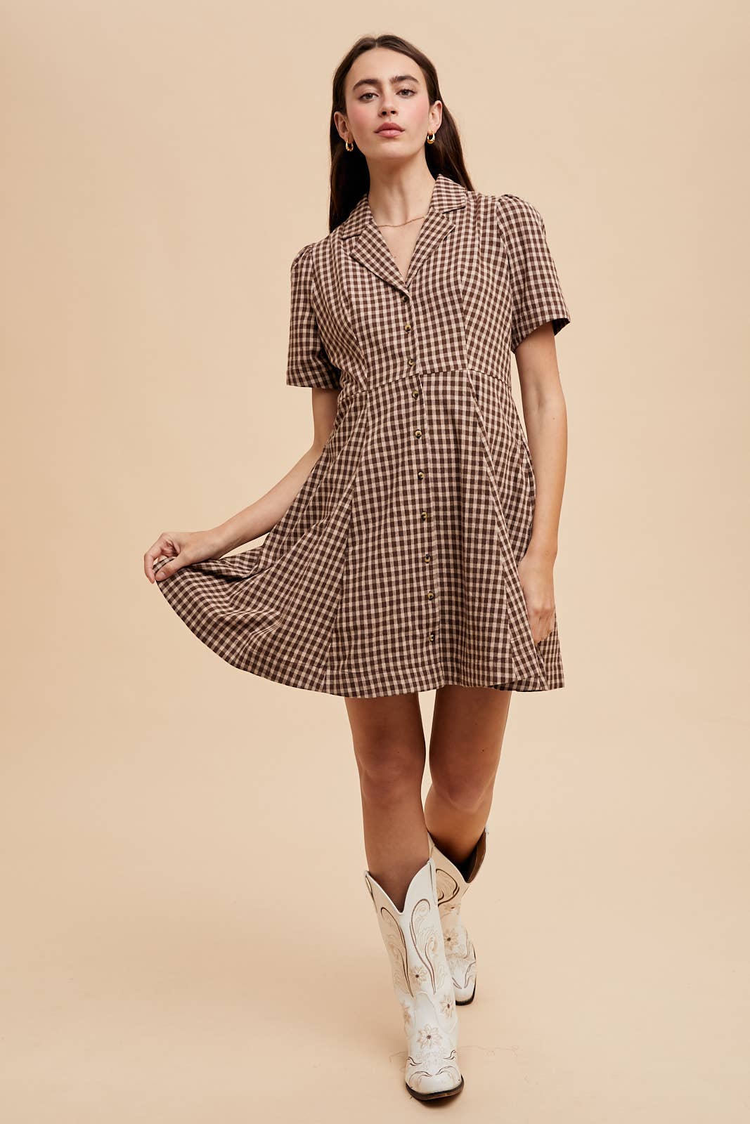 BUFFALO CHECK LAPEL MINI DRESS: MOCHA MOUSSE / ILD6403