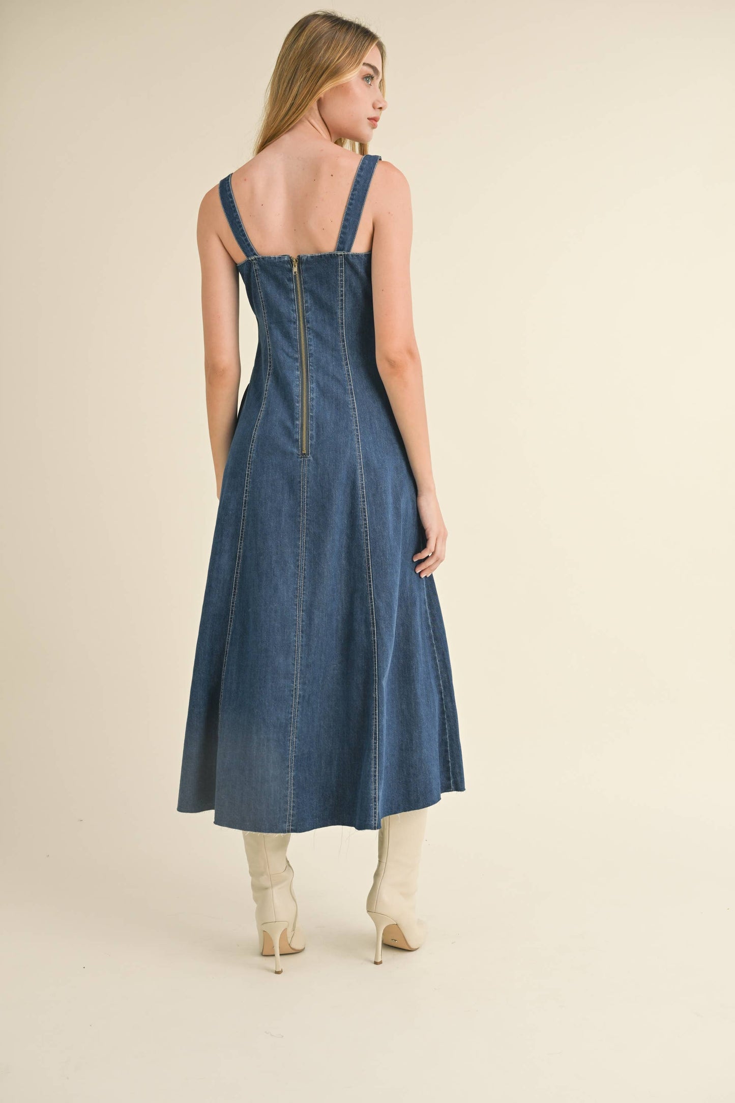 D3099 PANELED DENIM LONG DRESS: DENIM