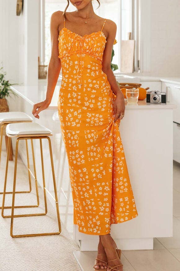 Strappy floral print backless swing maxi sun dress: Blue / RCJY00370-Blue-S