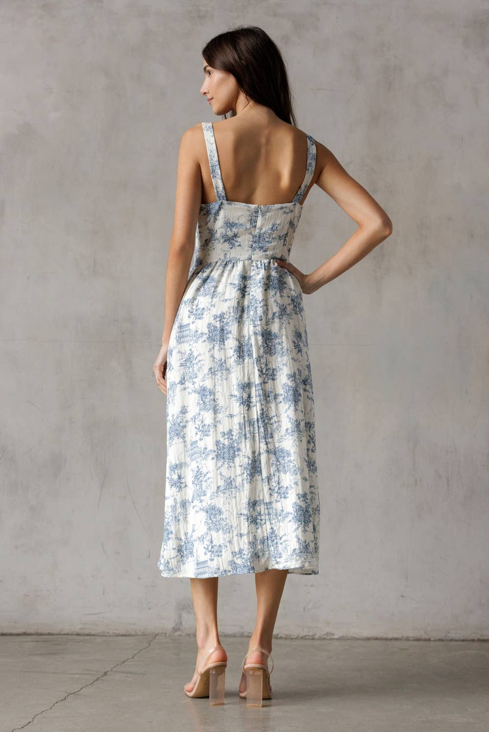 SJD7548-WHITE BLUE MIDI DRESS: WHITE/BLUE
