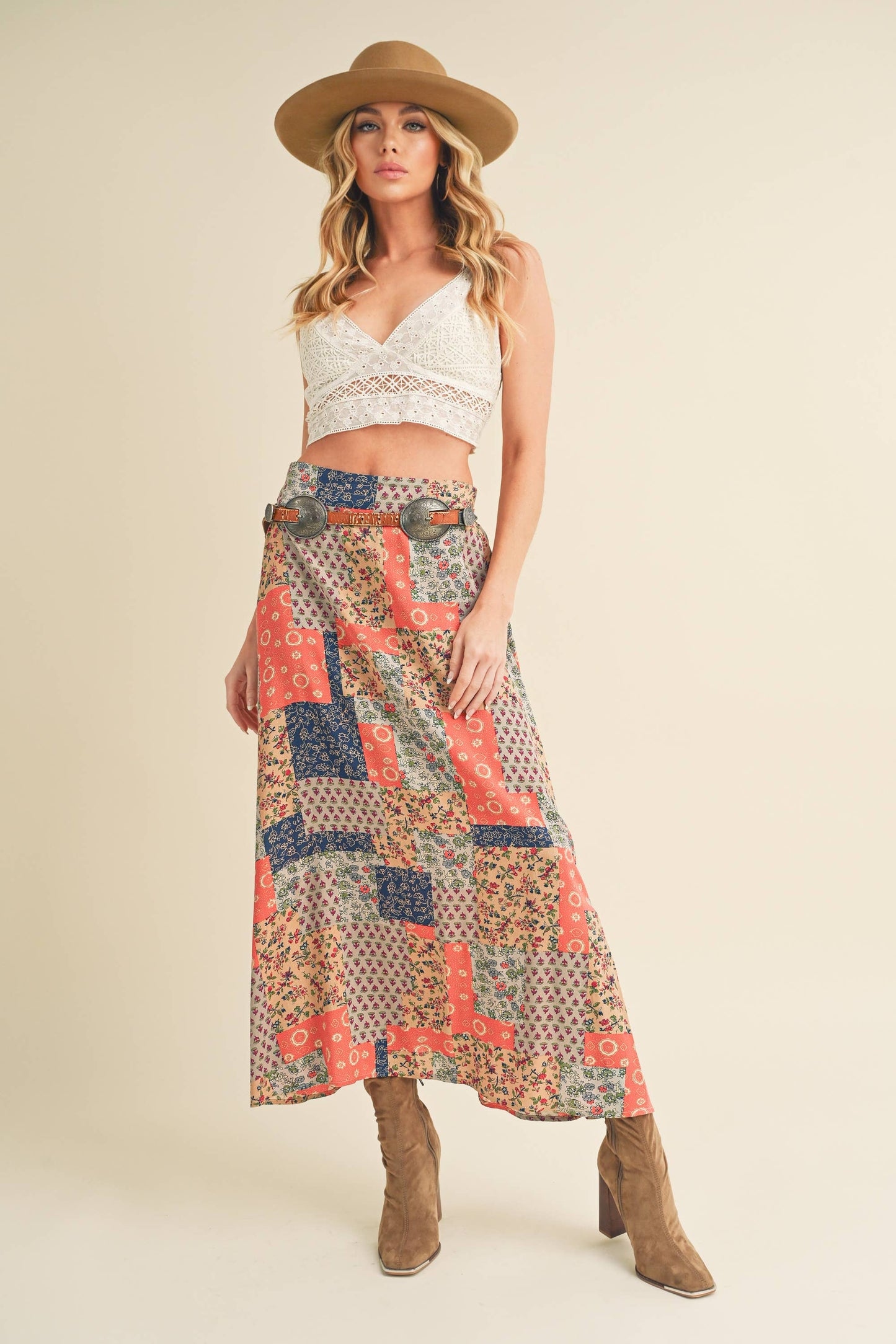 773DN-C6 Bradyn Patchwork Print Skirt / Mint/Pink