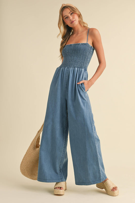 IJP3036 SMOCKED SPAGHETTI STRAP WIDE LEG JUMPSUIT : DENIM