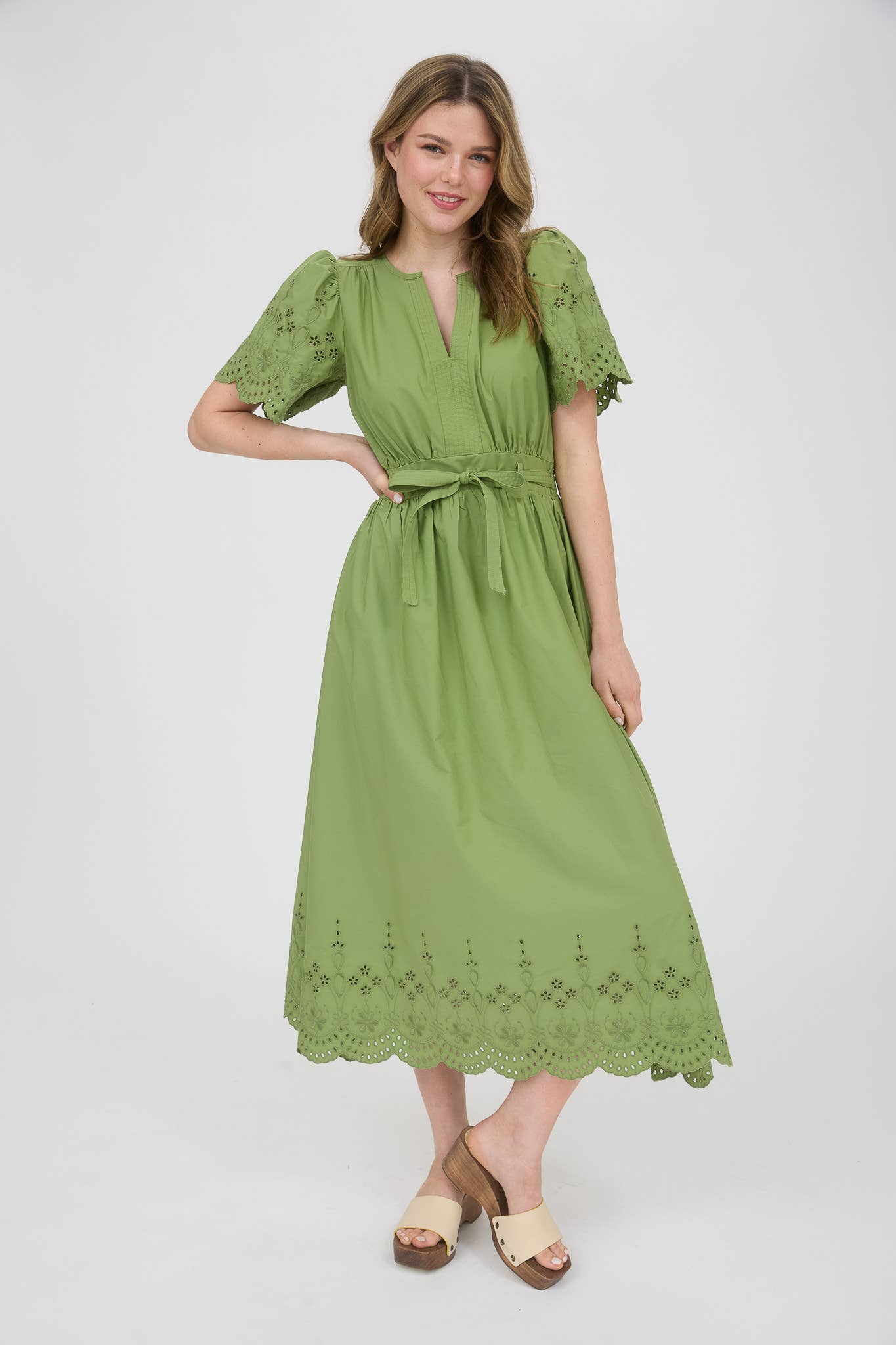 EMBROIDERY EYELET DETAIL BELTED MIDI CR2569 : CHAMPAGNE