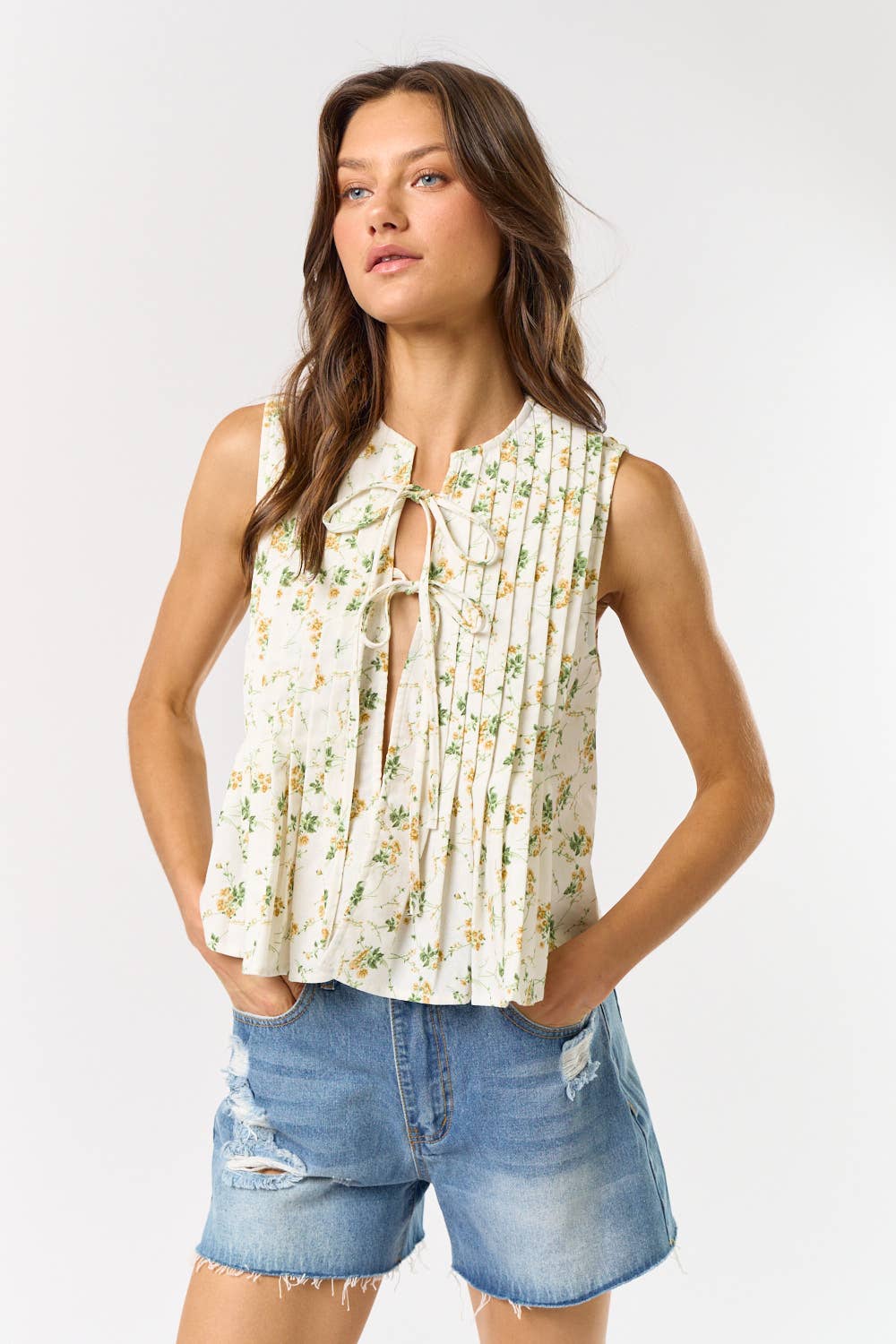 ILT5306 FRONT TIE SLEEVELESS TOP: OFF WHITE-MUSTARD