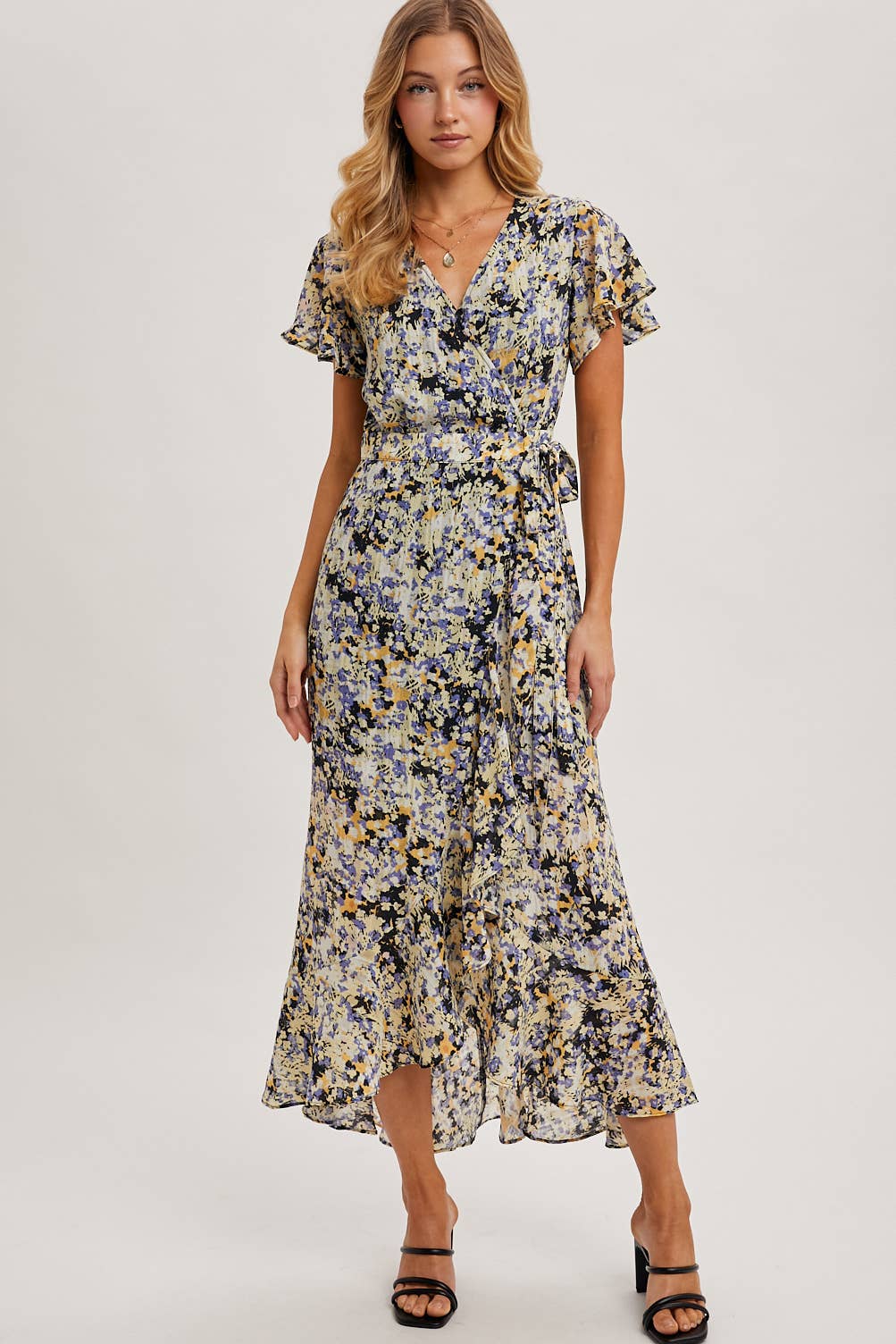 FLORAL PRINT WRAP RUFFLED MIDI DRESS: BLUE D02356