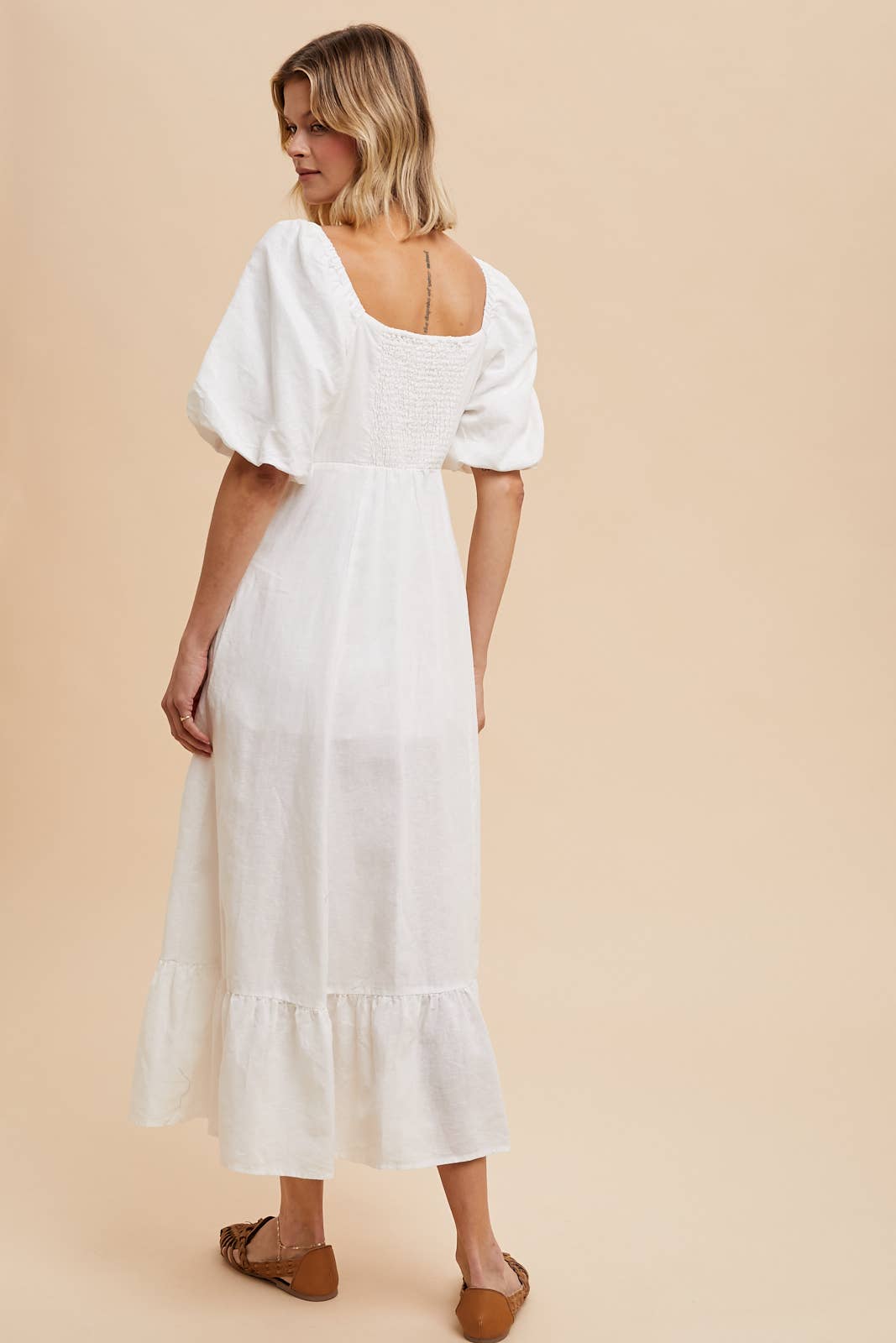 LINEN FIT AND FLARE EMPIRE DRESS: OFF-WHITE / ILD5689