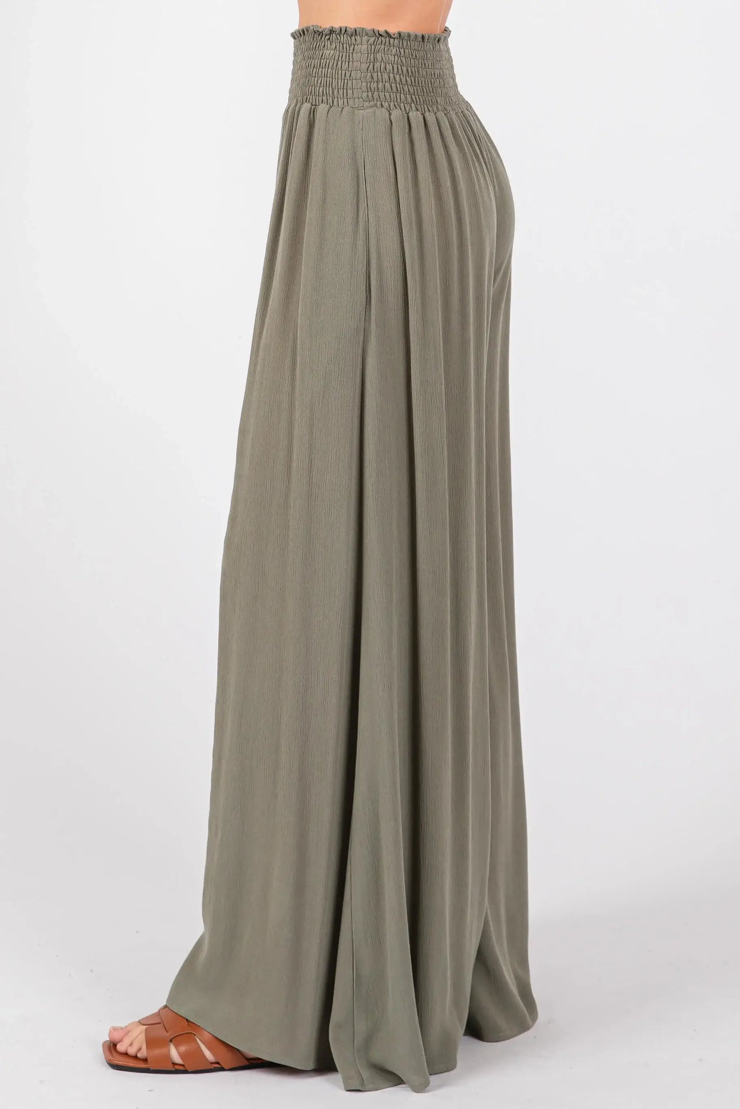 Smocked Waist Wide Leg Pants - NP16530Y: Military Green