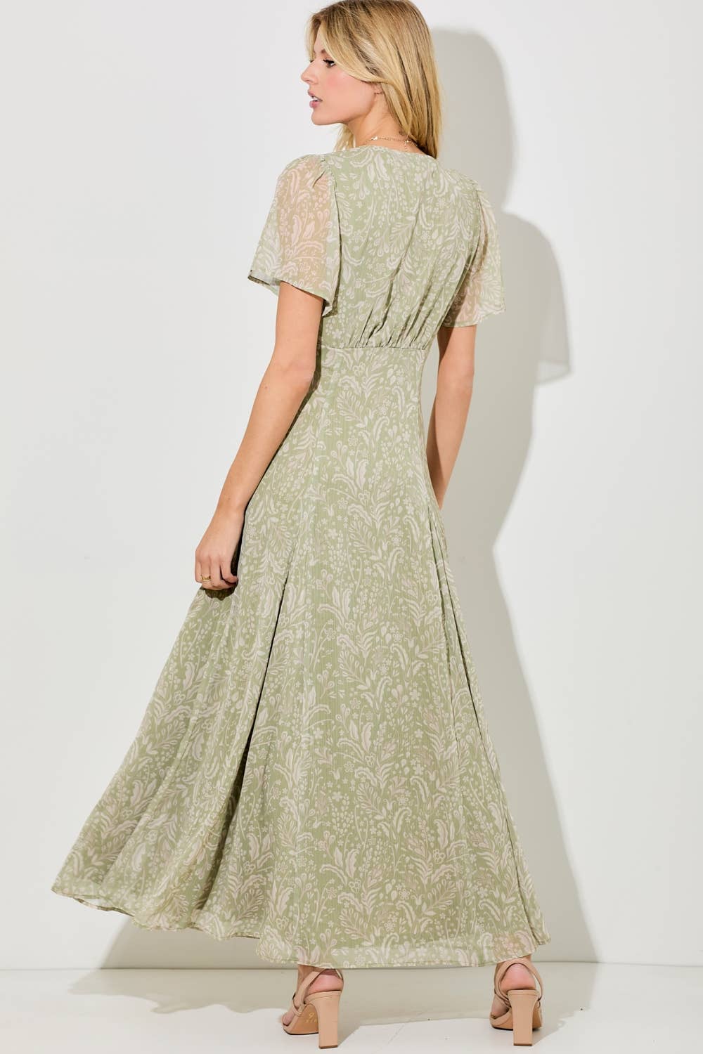 CHIFFON PRINTED V-NECK MAXI DRESS: LT SAGE
