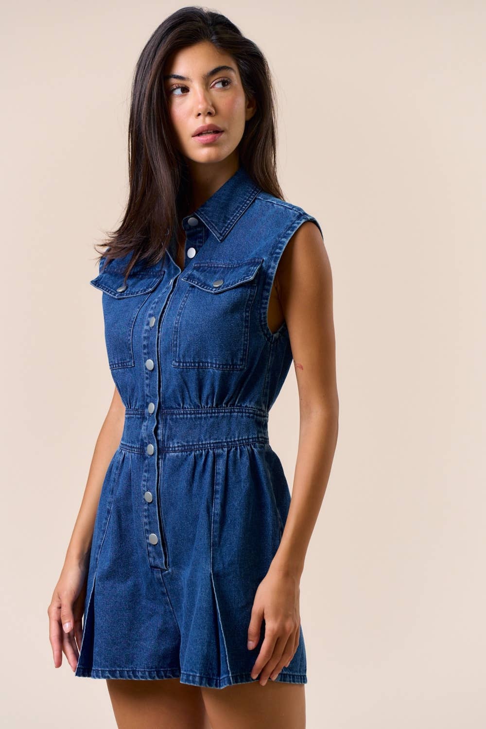 ILR4677 Sleeveless Collared Button Down Romper : WHITE