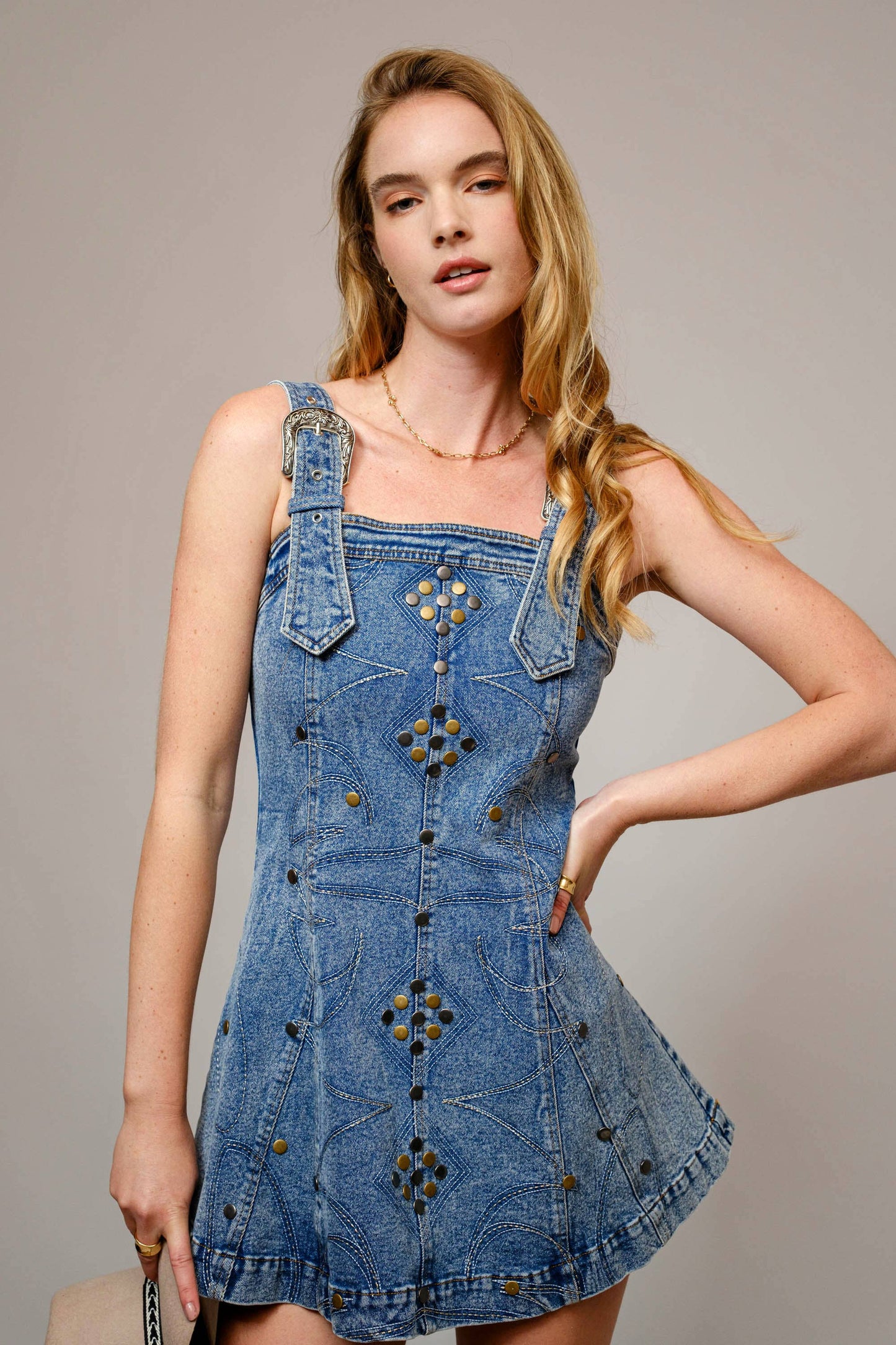 23466D - Studded Western Buckle Stretch Denim Dress: SAND
