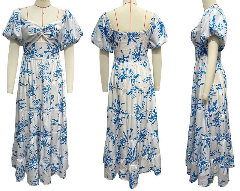 Puff off the shoulder twist floral prairie maxi dress: Yellow / RCJY00262-Yellow