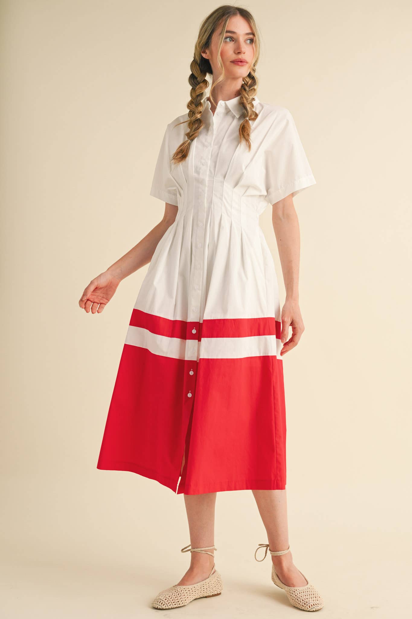 BUTTON DOWN PLEATED WAIST COLOR BLOCK MIDI DRESS MDR3556