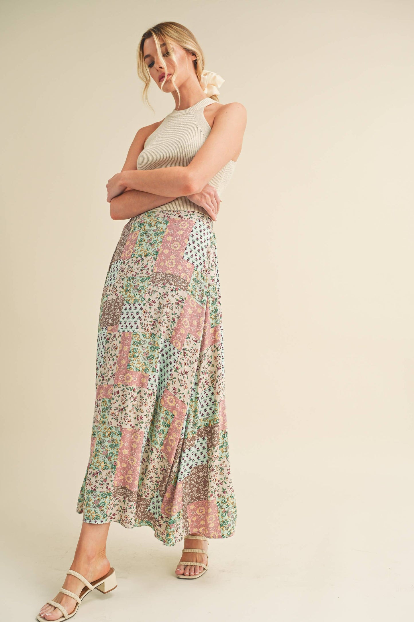 773DN-C6 Bradyn Patchwork Print Skirt / Mint/Pink