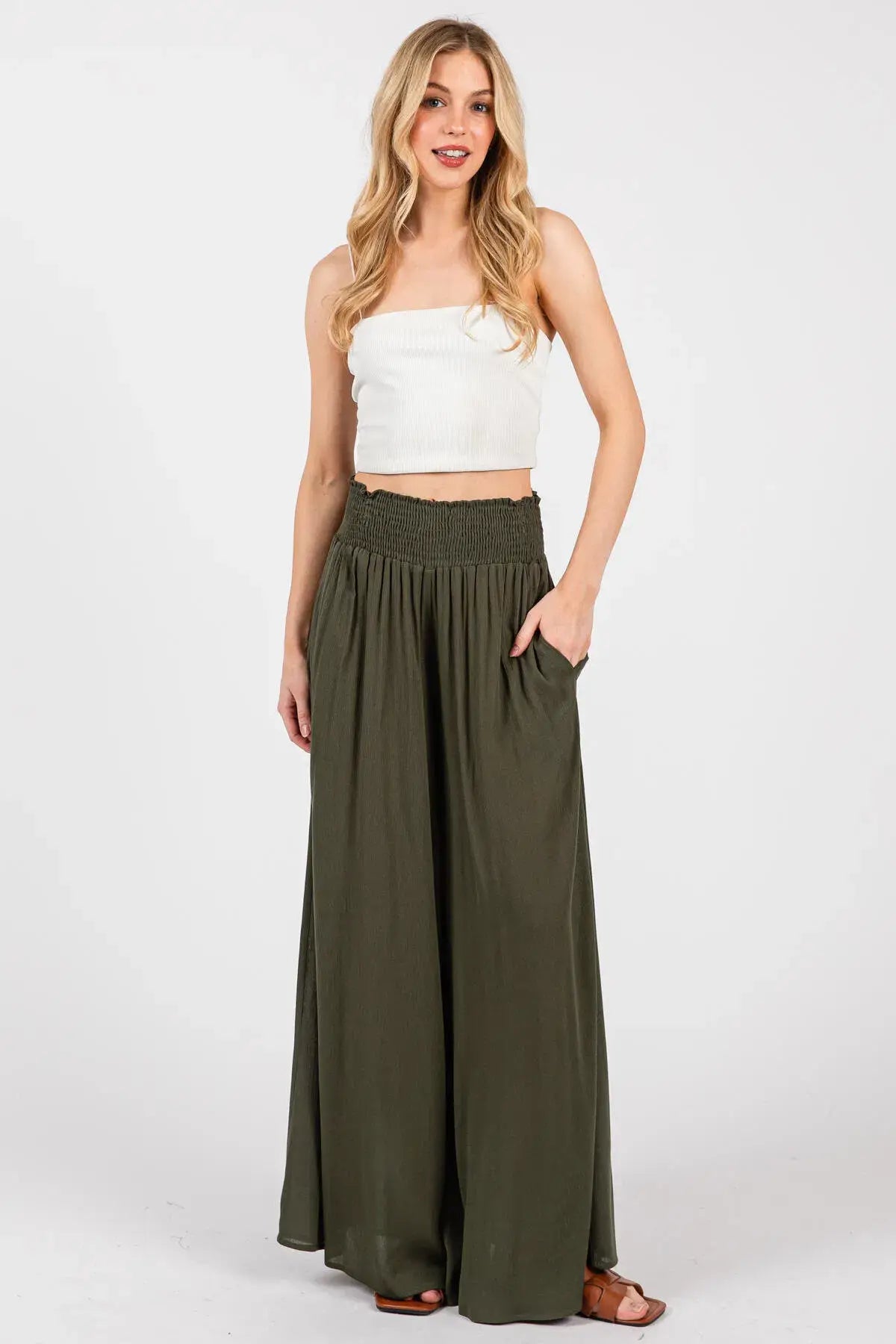 Smocked Waist Wide Leg Pants - NP16530Y: Military Green