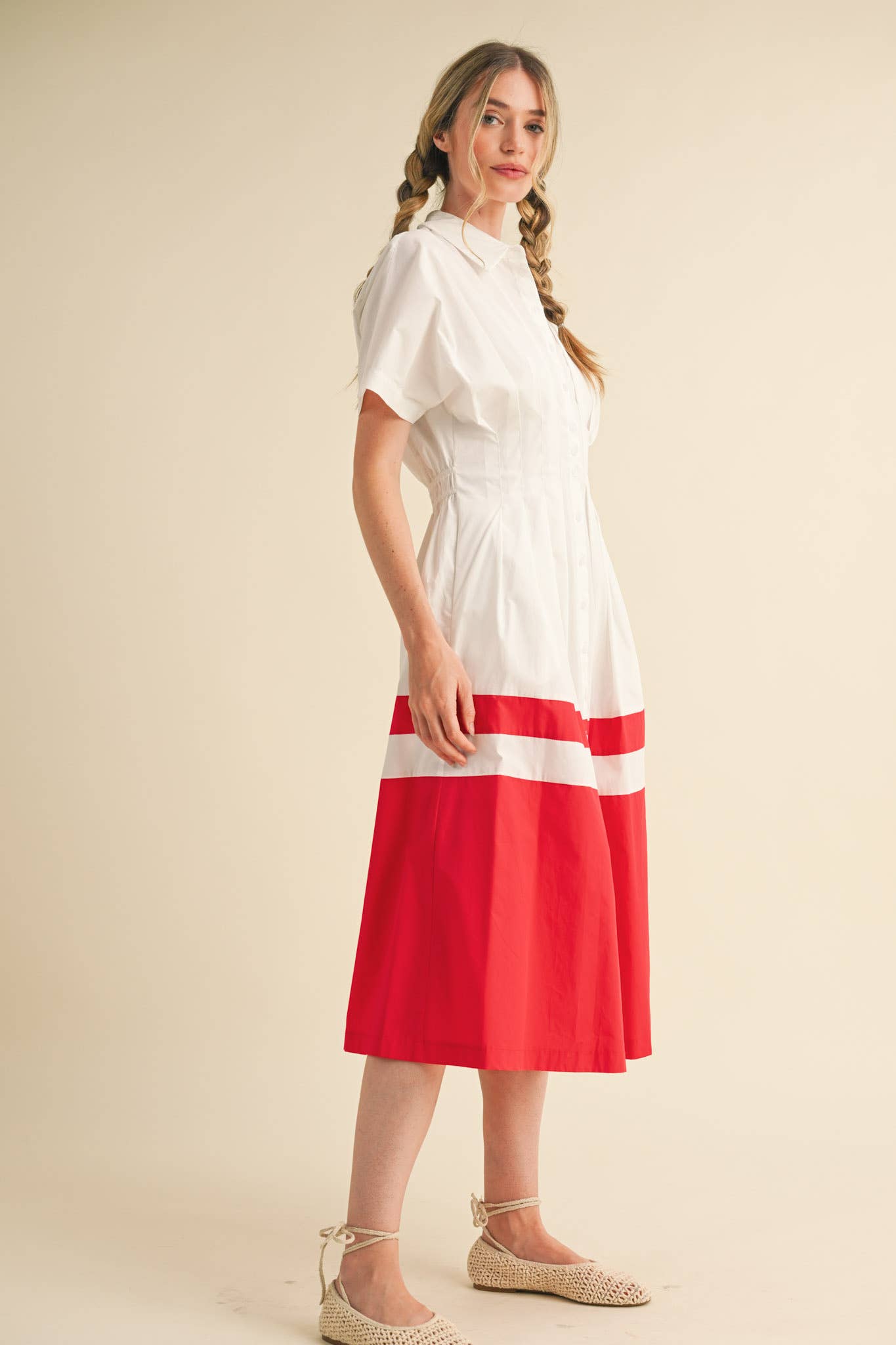 BUTTON DOWN PLEATED WAIST COLOR BLOCK MIDI DRESS MDR3556
