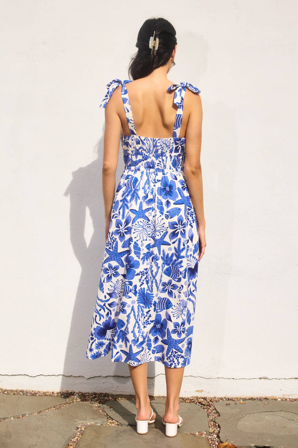 Under The Sea Shirred Fit And Flare Midi Dress: VISTA BLUE / FD11402-P1874