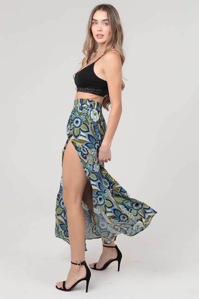 26N20-FR35 FLORAL PRINT MAXI SKIRT WITH HIGH SIDE SLIT