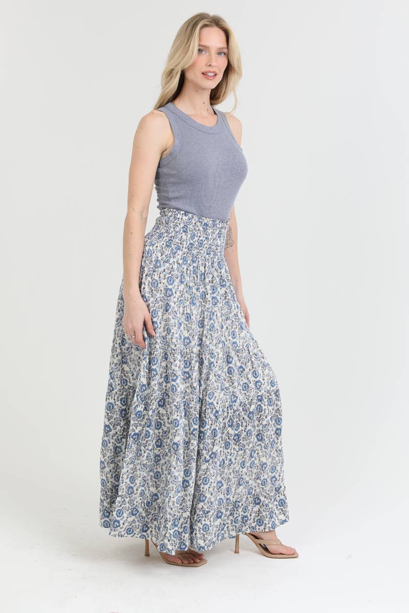 26P57-FR44 TIERED A LINE MAXI SKIRT WITH SMOCKED WAIST