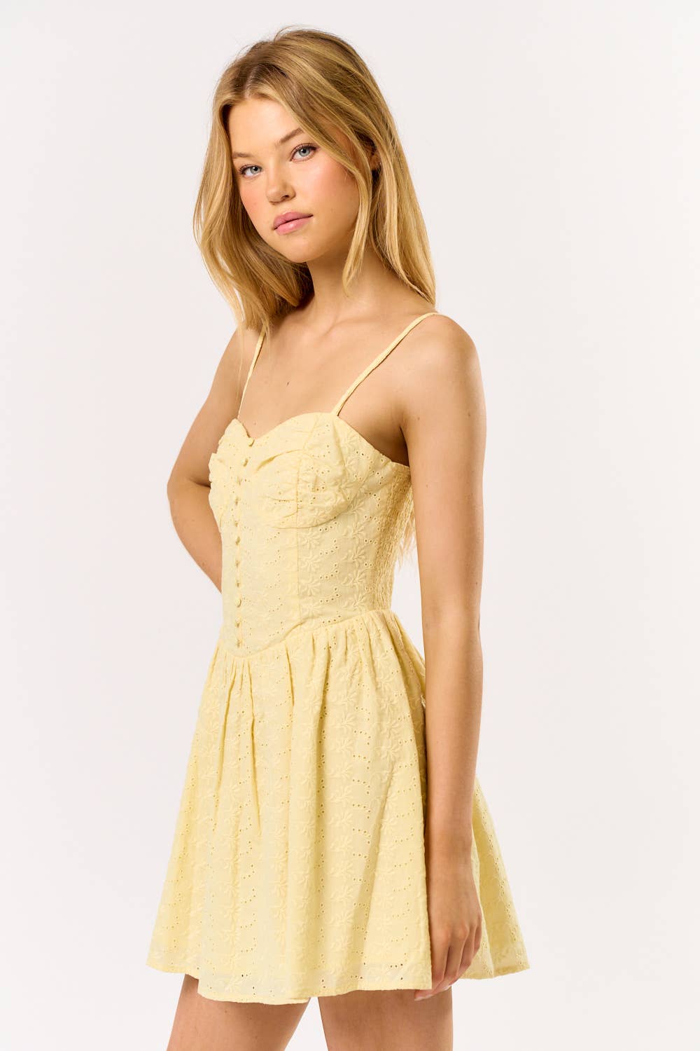 IBD33746 COTTON EYELET SWEETHEART MINI DRESS: Yellow
