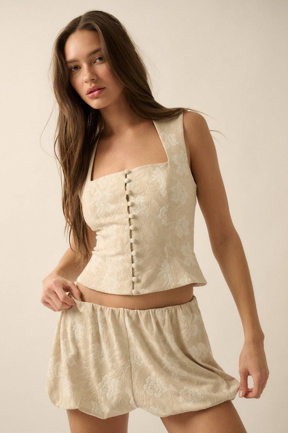 Floral Jacquard Tapestry Button-Front Corset Top: OATMEAL / UTC0545