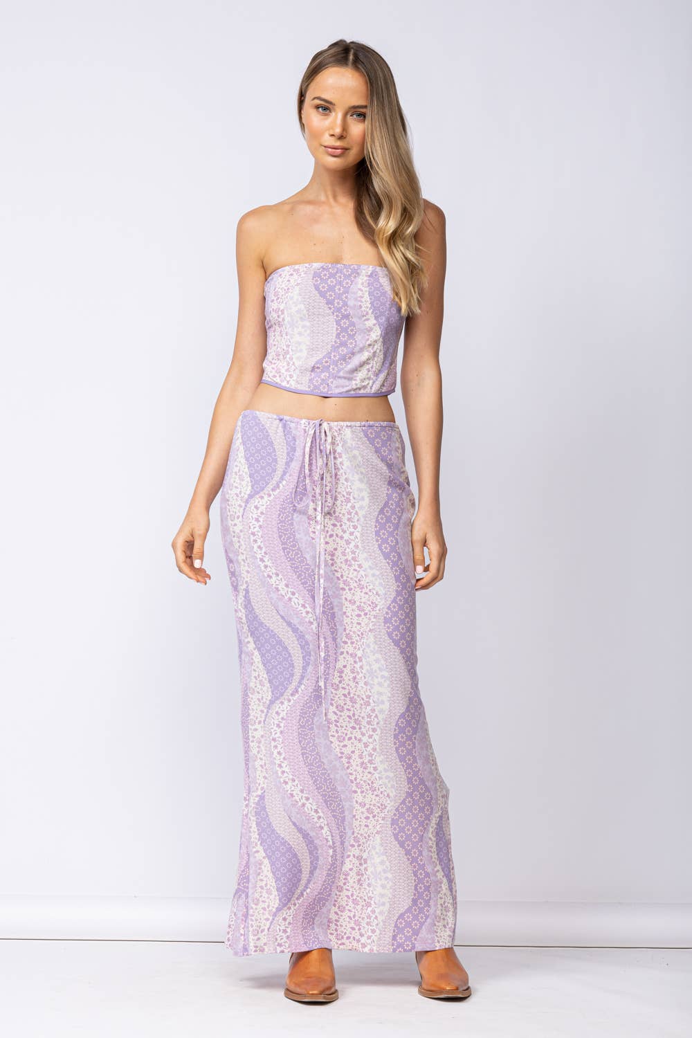 MULTI FLORAL PRINT STRAPLESS CORSET STYLE CROP TOP: SM-T10228B / My Darling Purple
