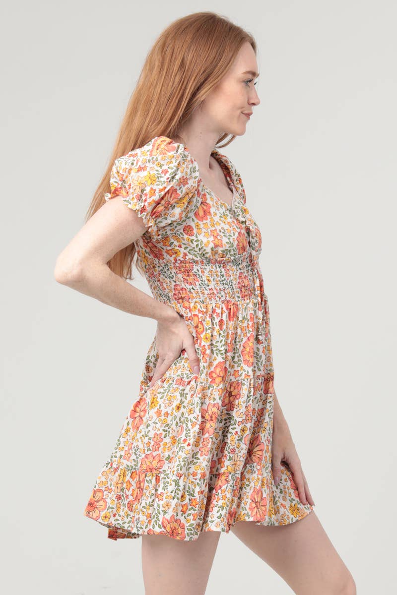 C4954-WA34 V NECK SMOCKED WAIST PUFF SLEEVE SHORT DRESS