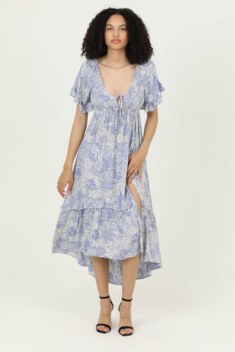C4B39-A853 V NECK SMOCKED BODICE MAXI DRESS WITH SLIT