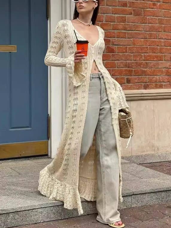 Y2K Hollow Bell Sleeves Crochet Maxi Cardigan: Coffee / RCJW03442-Coffee