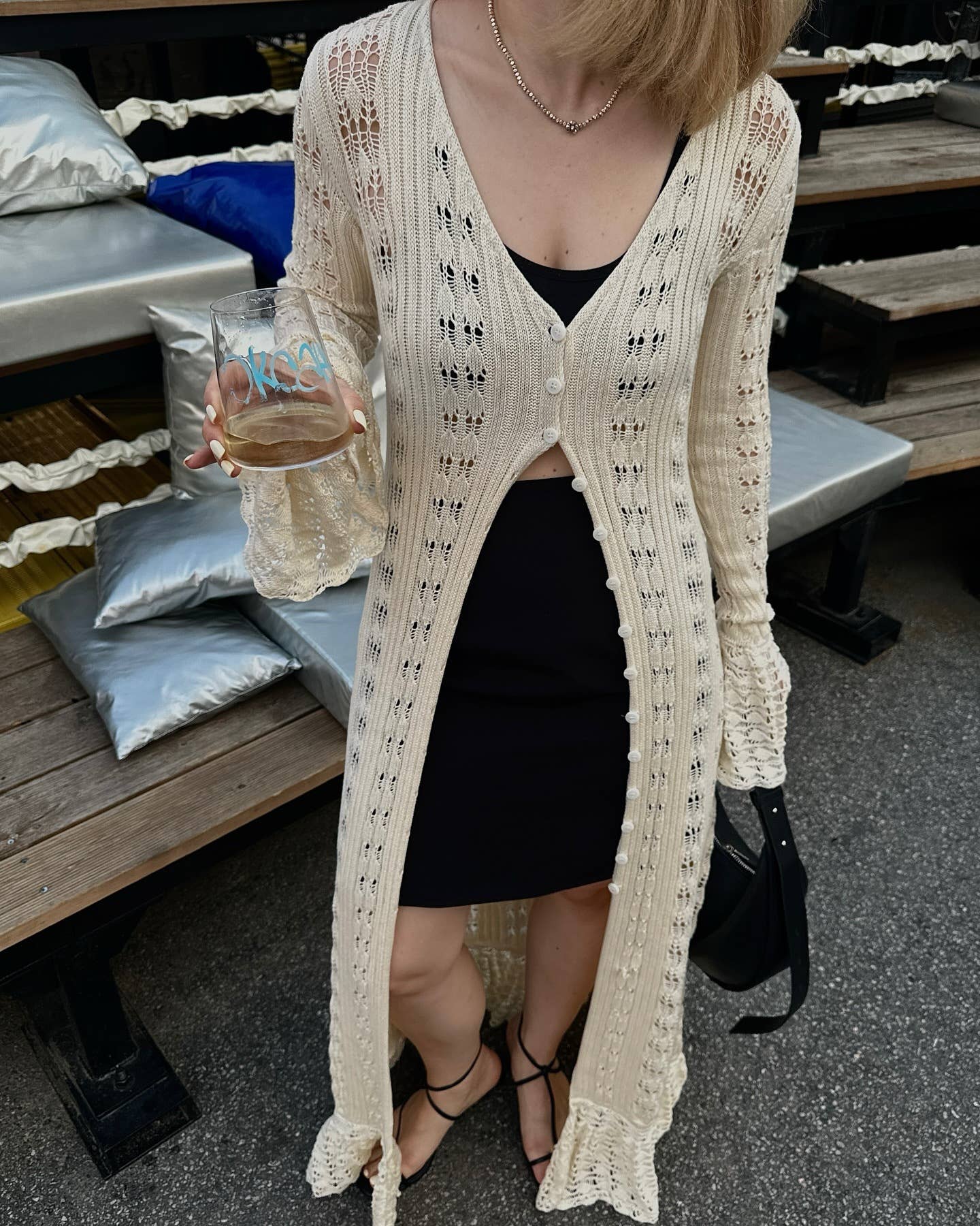 Y2K Hollow Bell Sleeves Crochet Maxi Cardigan: Coffee / RCJW03442-Coffee
