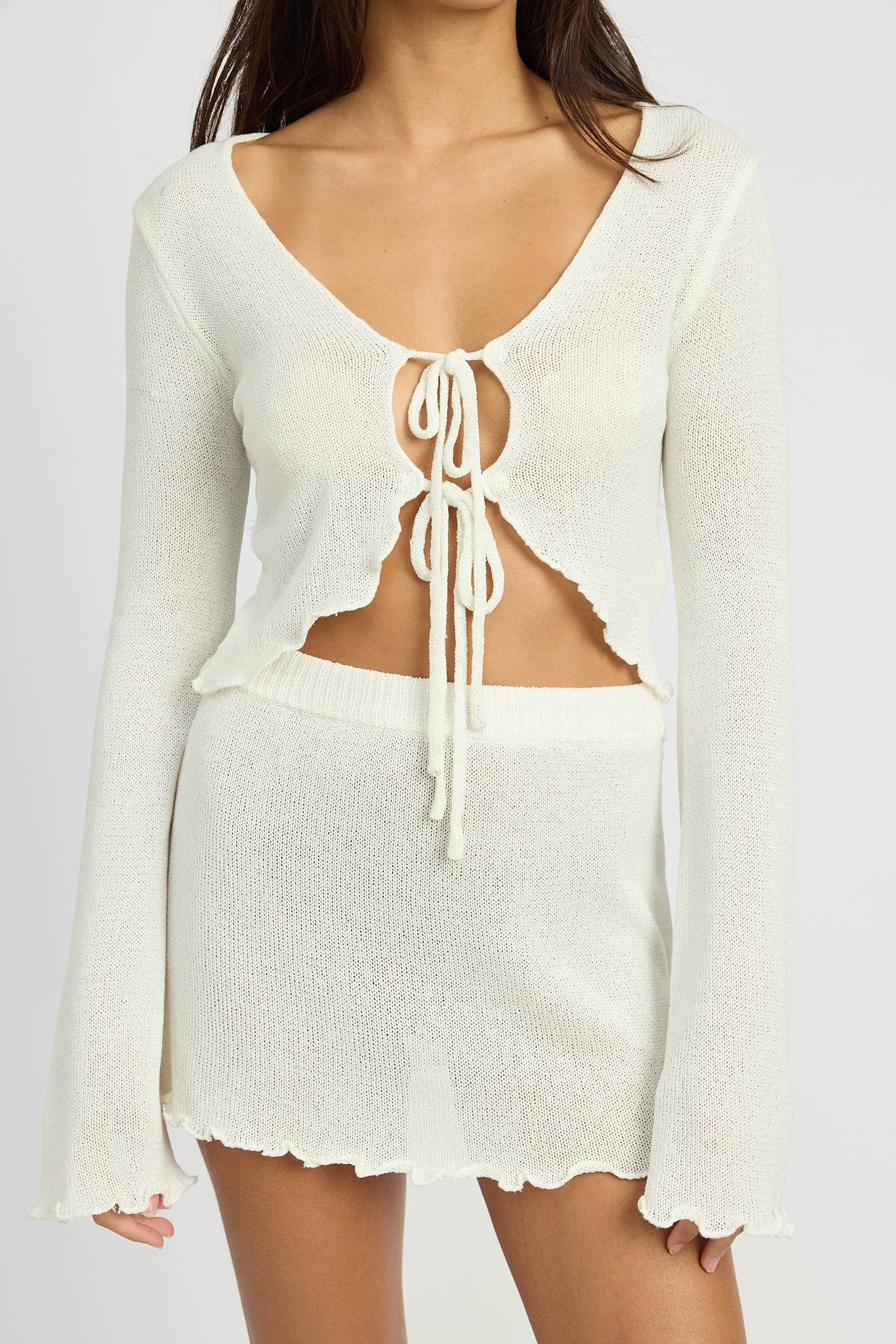 SHEER LONG SLEEVE CARDIGAN WITH FRONT TIE: SILVER IPJ1319T