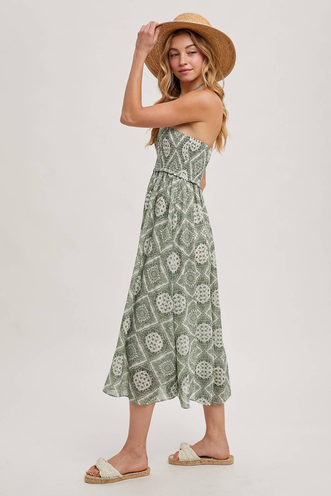 GEO PRINT SMOCKED HALTER DRESS: Green D02355