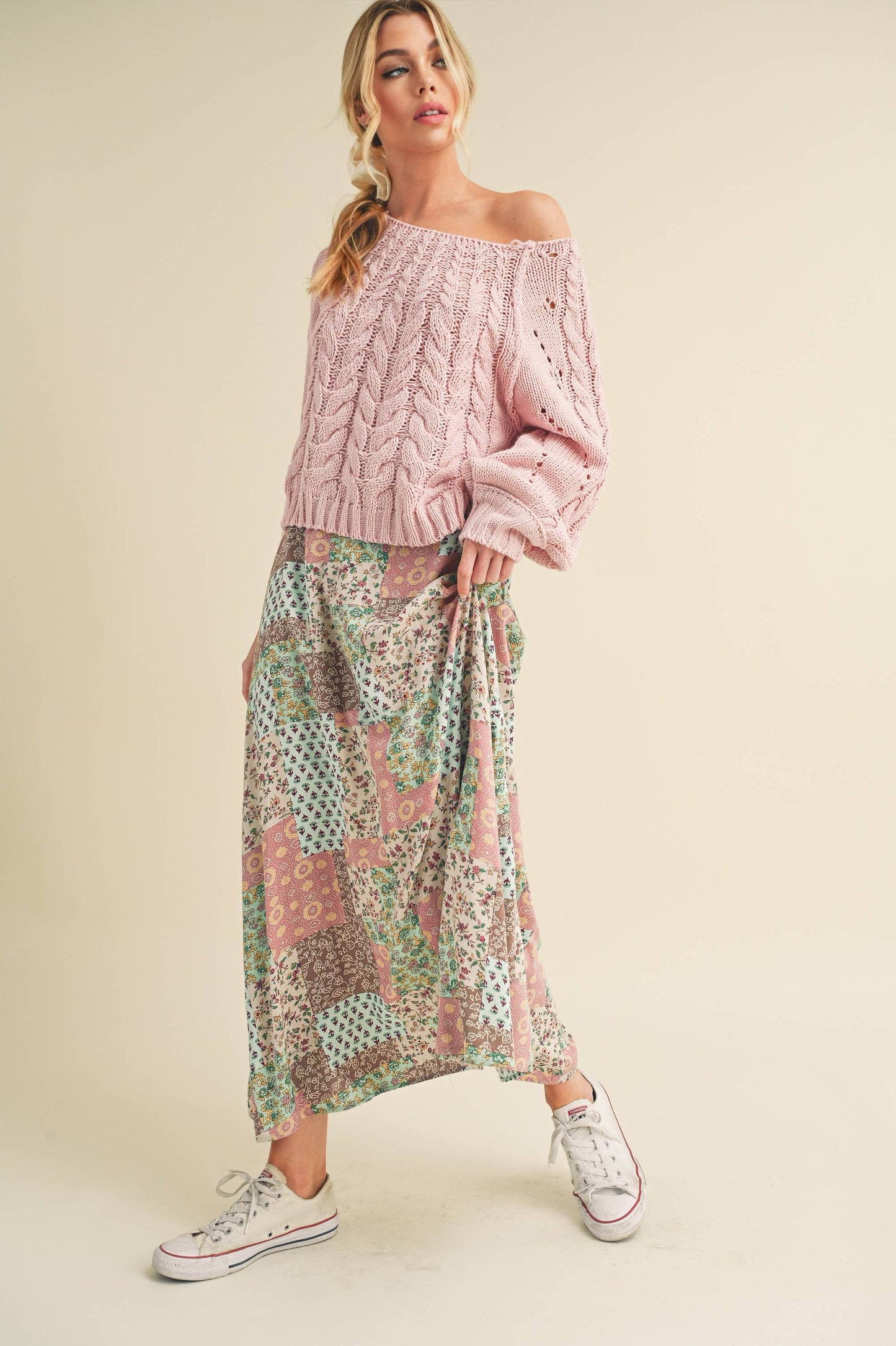 773DN-C6 Bradyn Patchwork Print Skirt / Mint/Pink